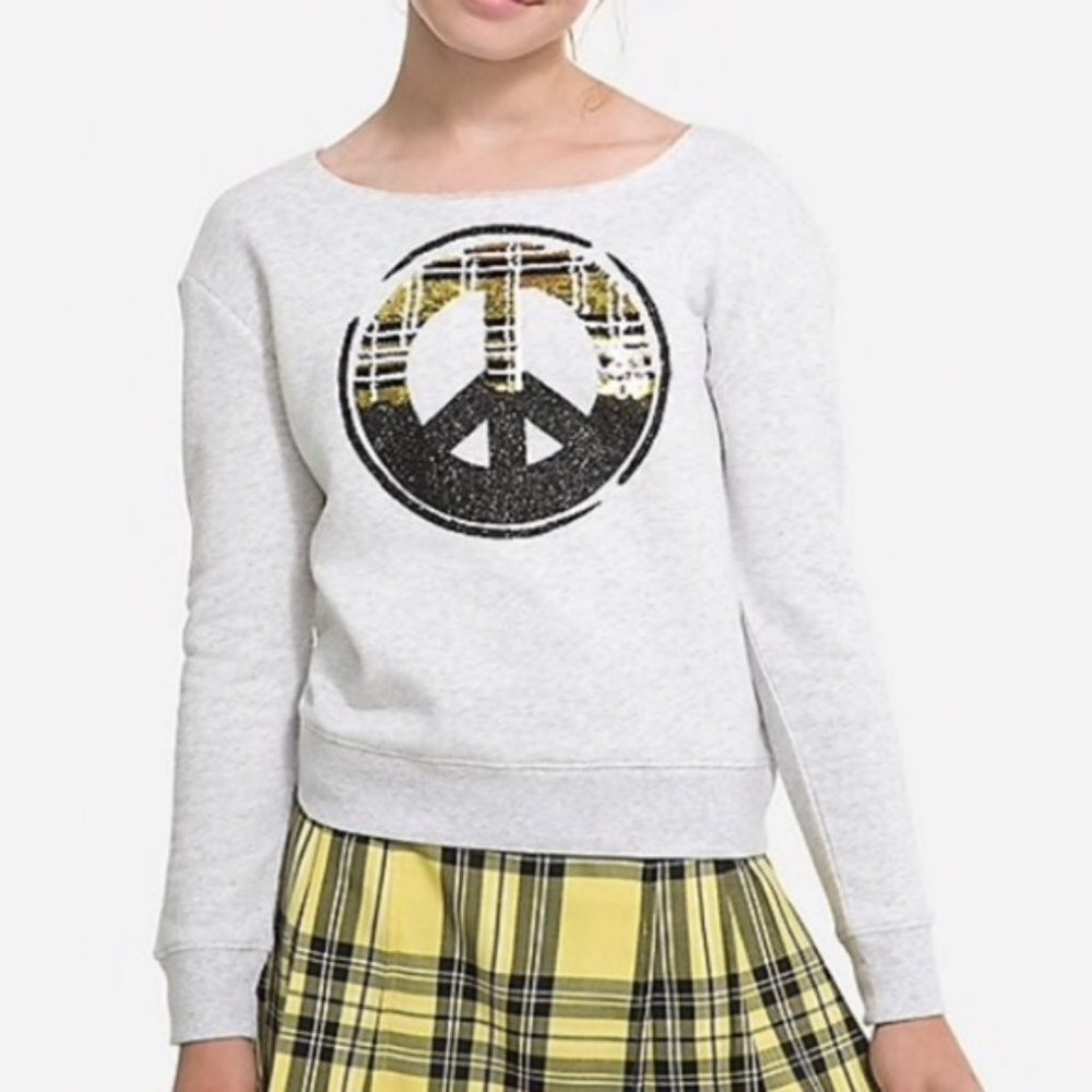Justice Sequin Peace Sign Boat Neck Top Sweatshirt